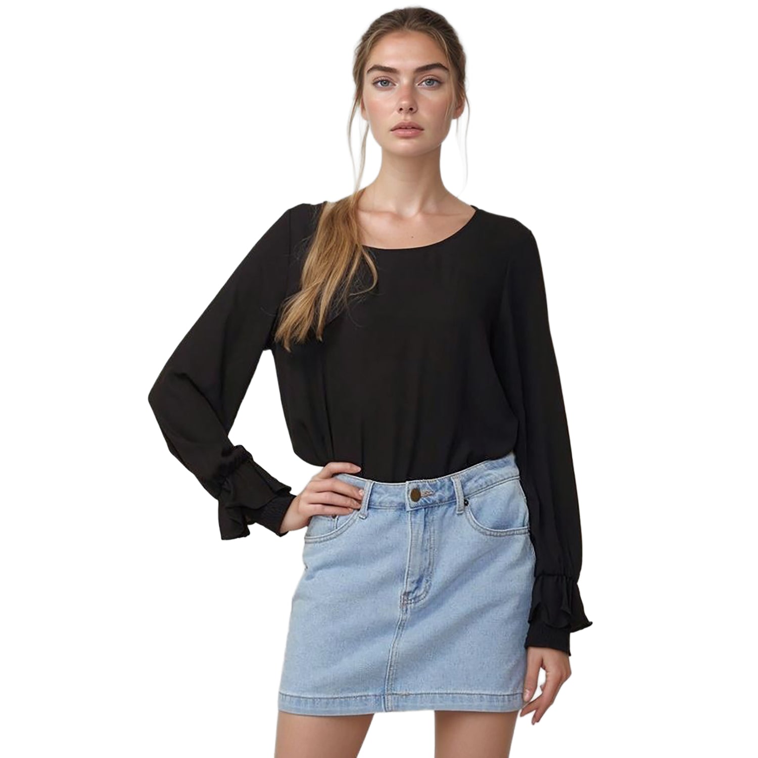 Pleione Women's Round Neck Smocked Ruffle Cuff Top