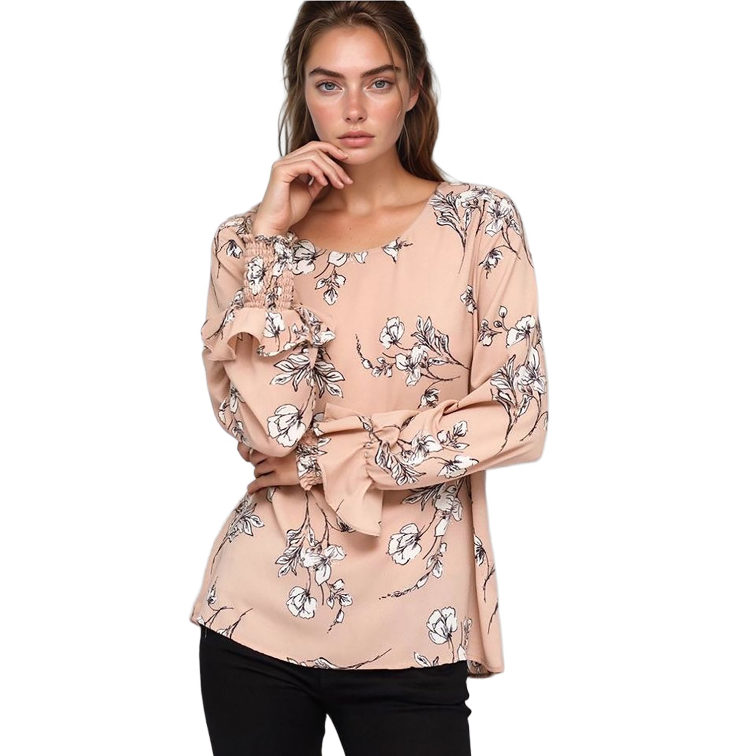 Pleione Women's Round Neck Smocked Ruffle Cuff Top