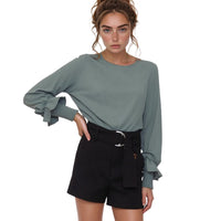 Pleione Women's Round Neck Smocked Ruffle Cuff Top