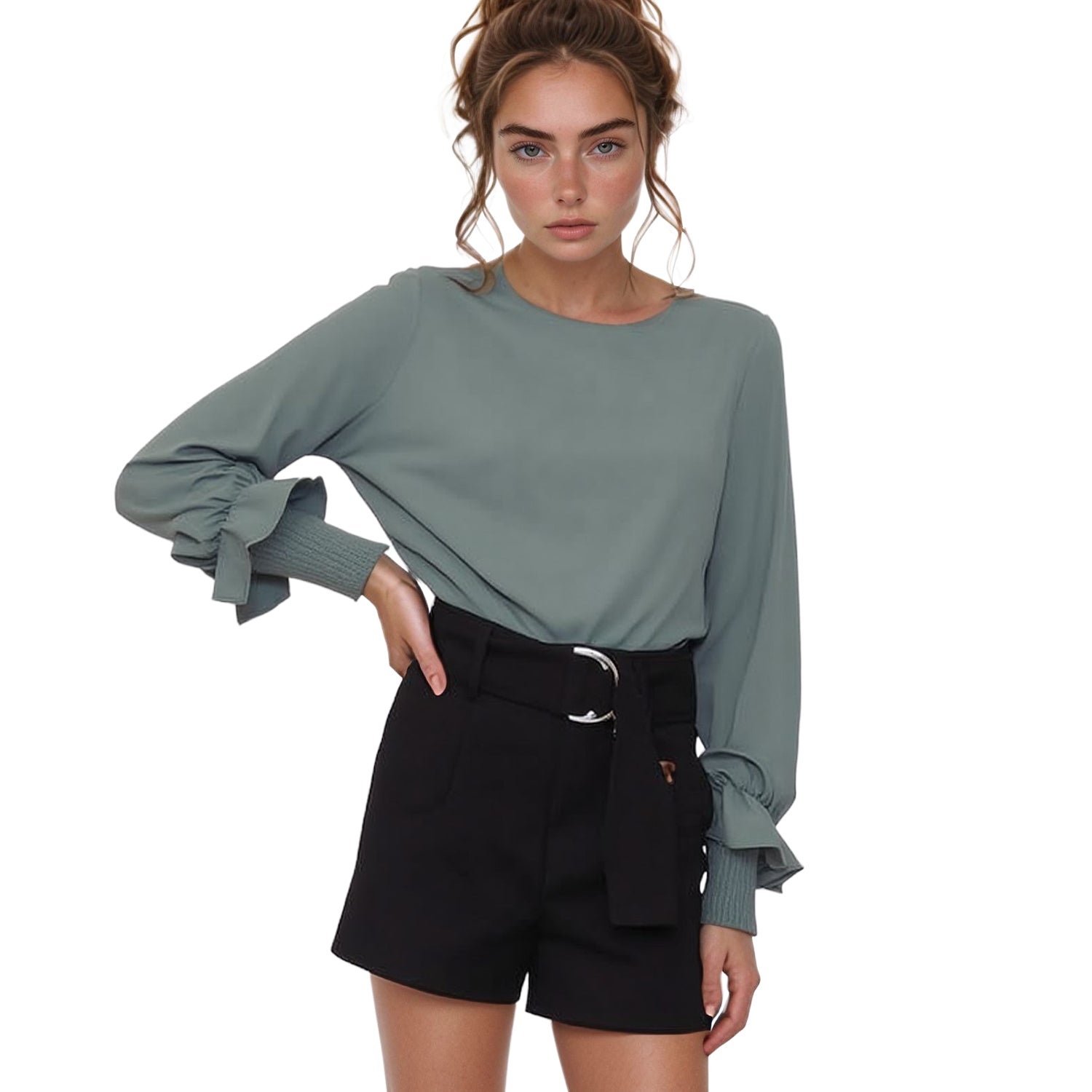 Pleione Women's Round Neck Smocked Ruffle Cuff Top