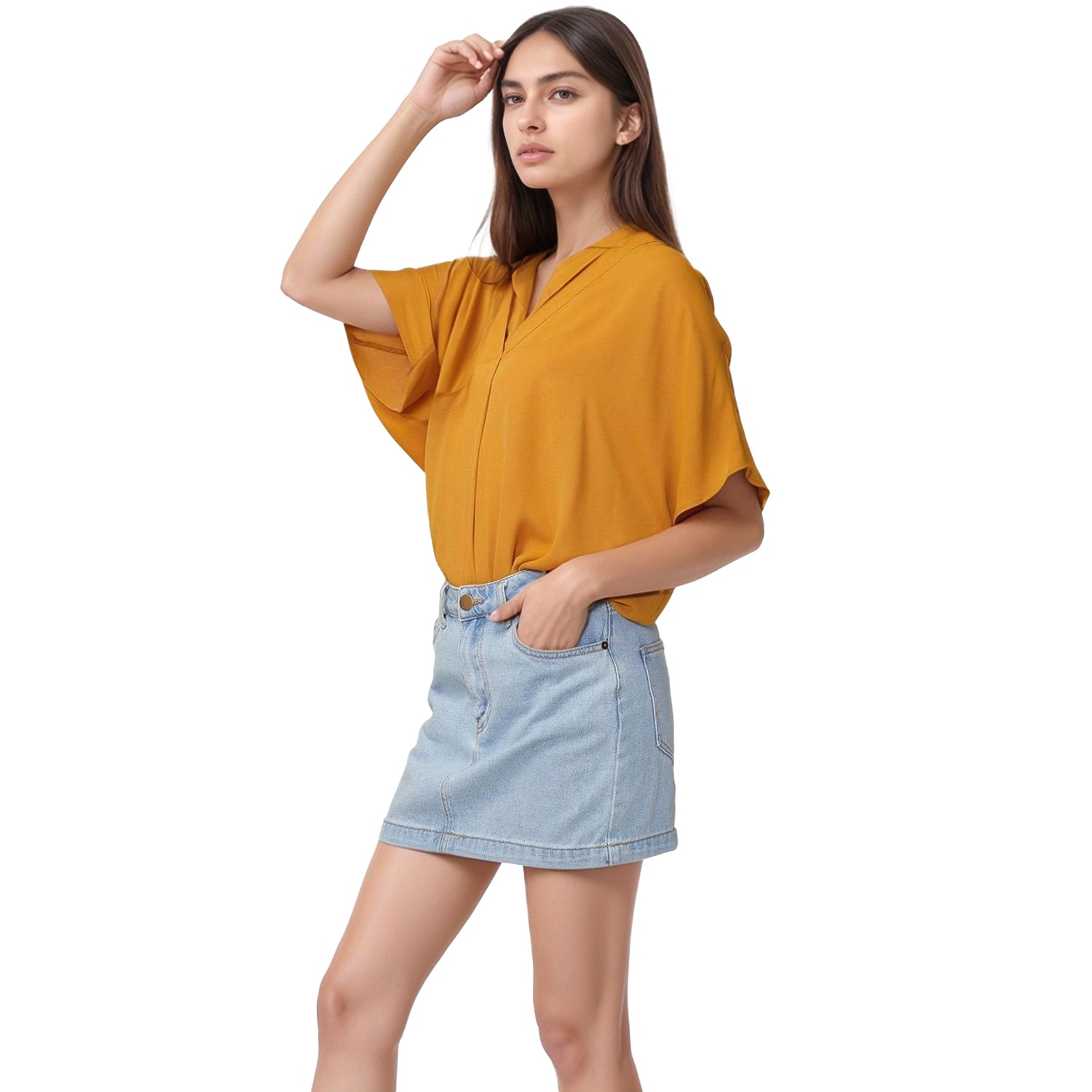 Pleione Hi-Lo Dolman Short Sleeve V-neck Blouse