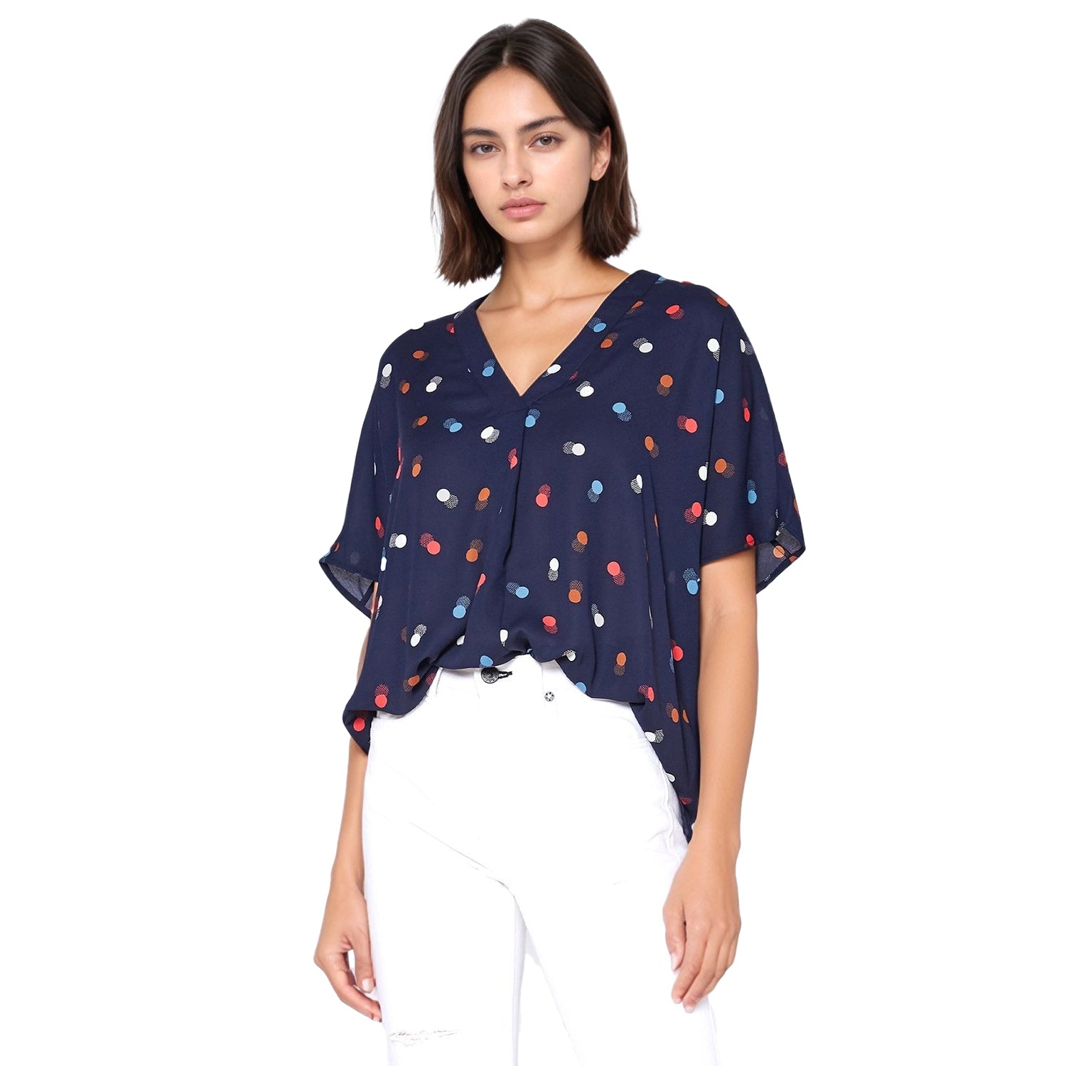 Pleione Hi-Lo Dolman Short Sleeve V-neck Blouse