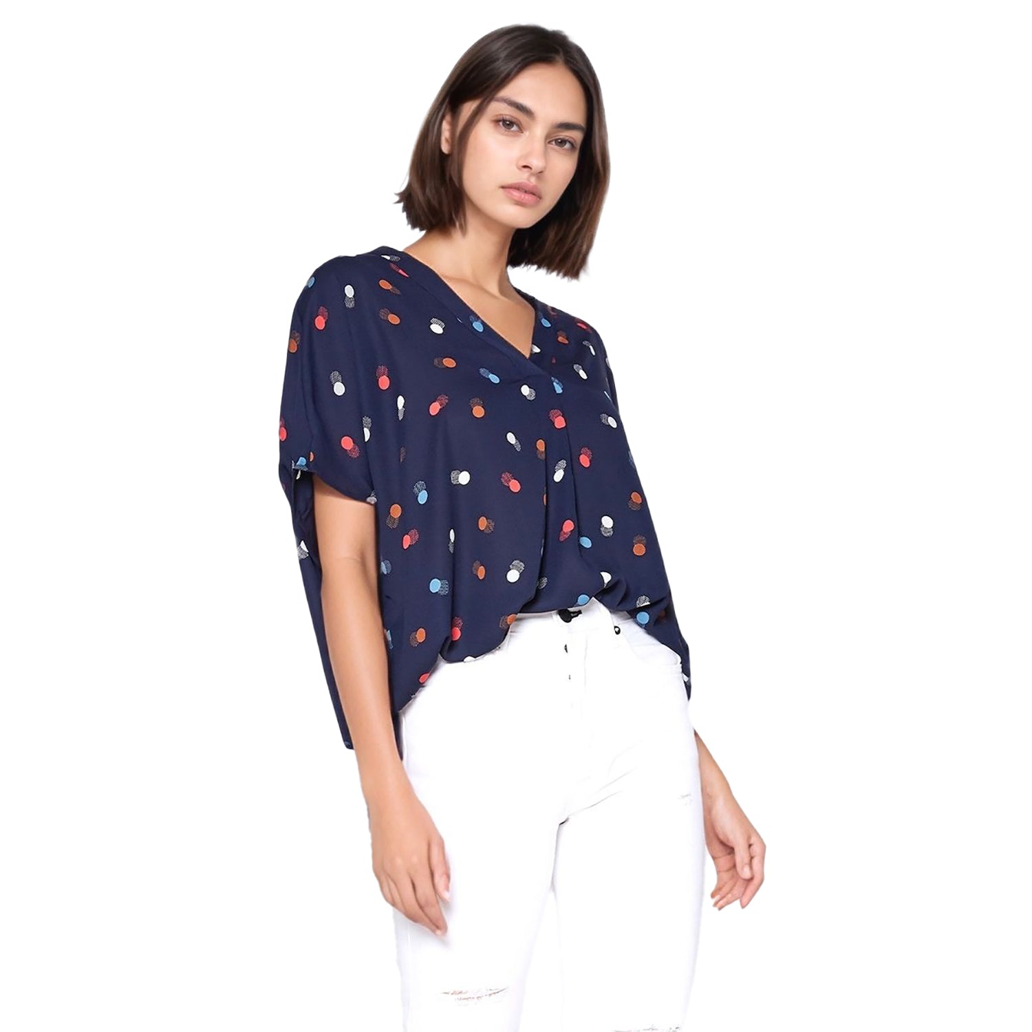 Pleione Hi-Lo Dolman Short Sleeve V-neck Blouse