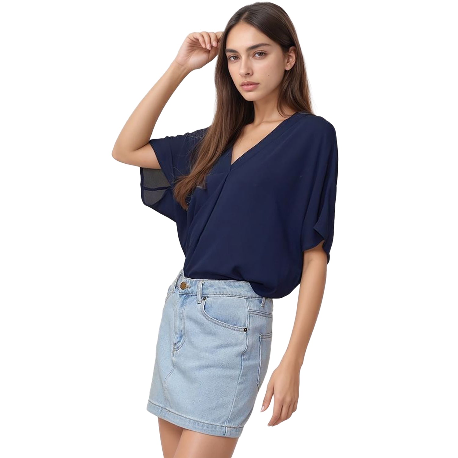 Pleione Hi-Lo Dolman Short Sleeve V-neck Blouse