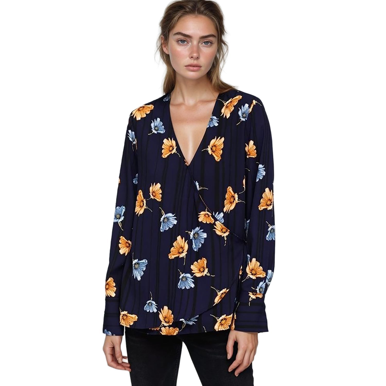 Pleione Wrap Front Long Sleeve Blouse