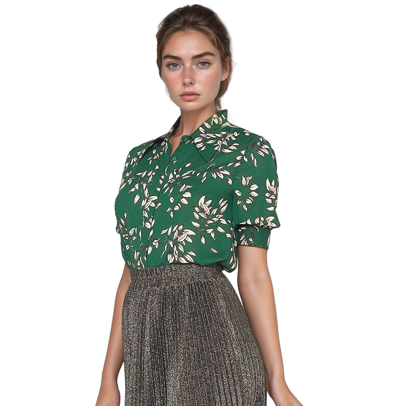 Pleione Button Up Short Sleeve Cuffed Blouse In Green Forest