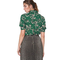 Pleione Button Up Short Sleeve Cuffed Blouse In Green Forest