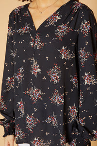 N/A Pleione Printed V-Neck Smock Wrist Blouse in Navy Floral