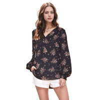 N/A Pleione Printed V-Neck Smock Wrist Blouse in Navy Floral