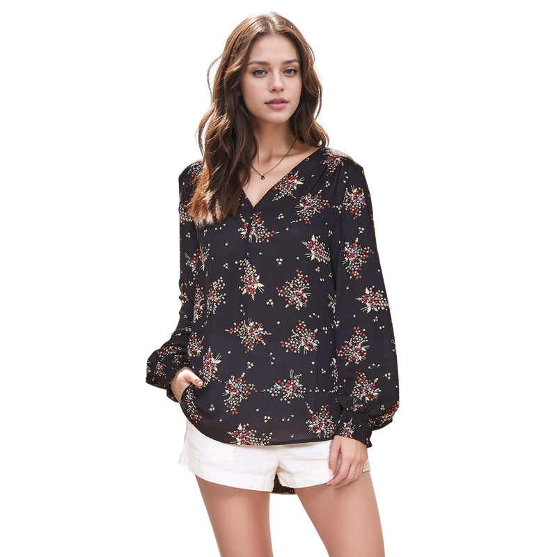 N/A Pleione Printed V-Neck Smock Wrist Blouse in Navy Floral