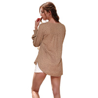 N/A Pleione Printed V-Neck Smock Wrist Blouse in Olive