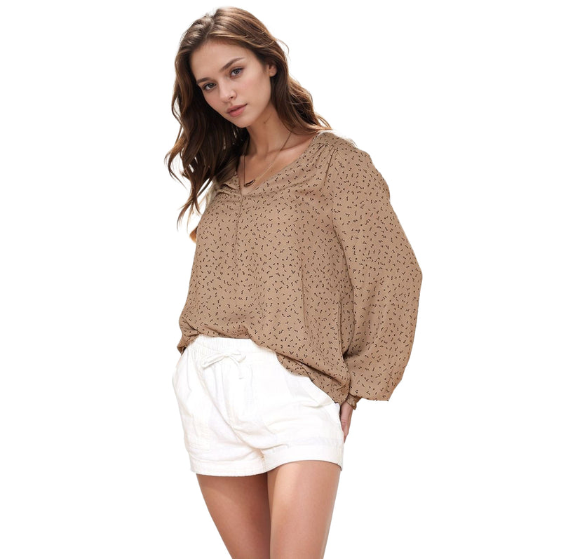 N/A Pleione Printed V-Neck Smock Wrist Blouse in Olive