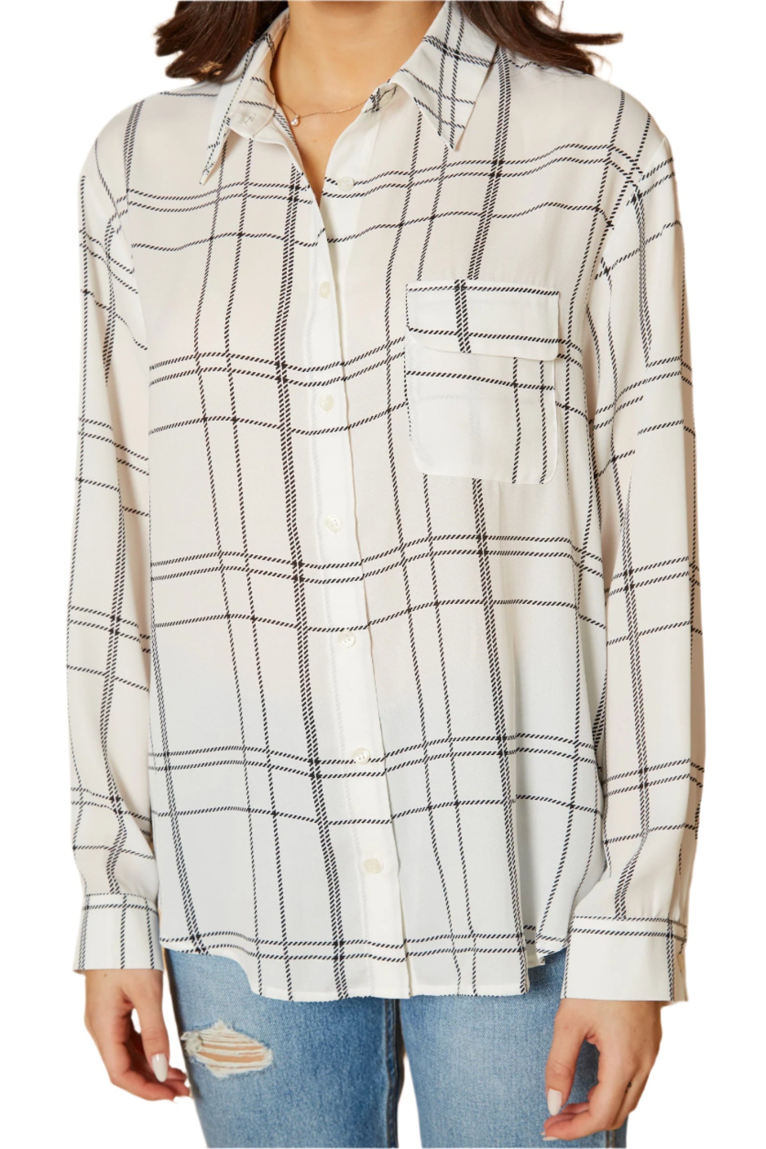 Pleione Printed Low Back Button Shirt in White