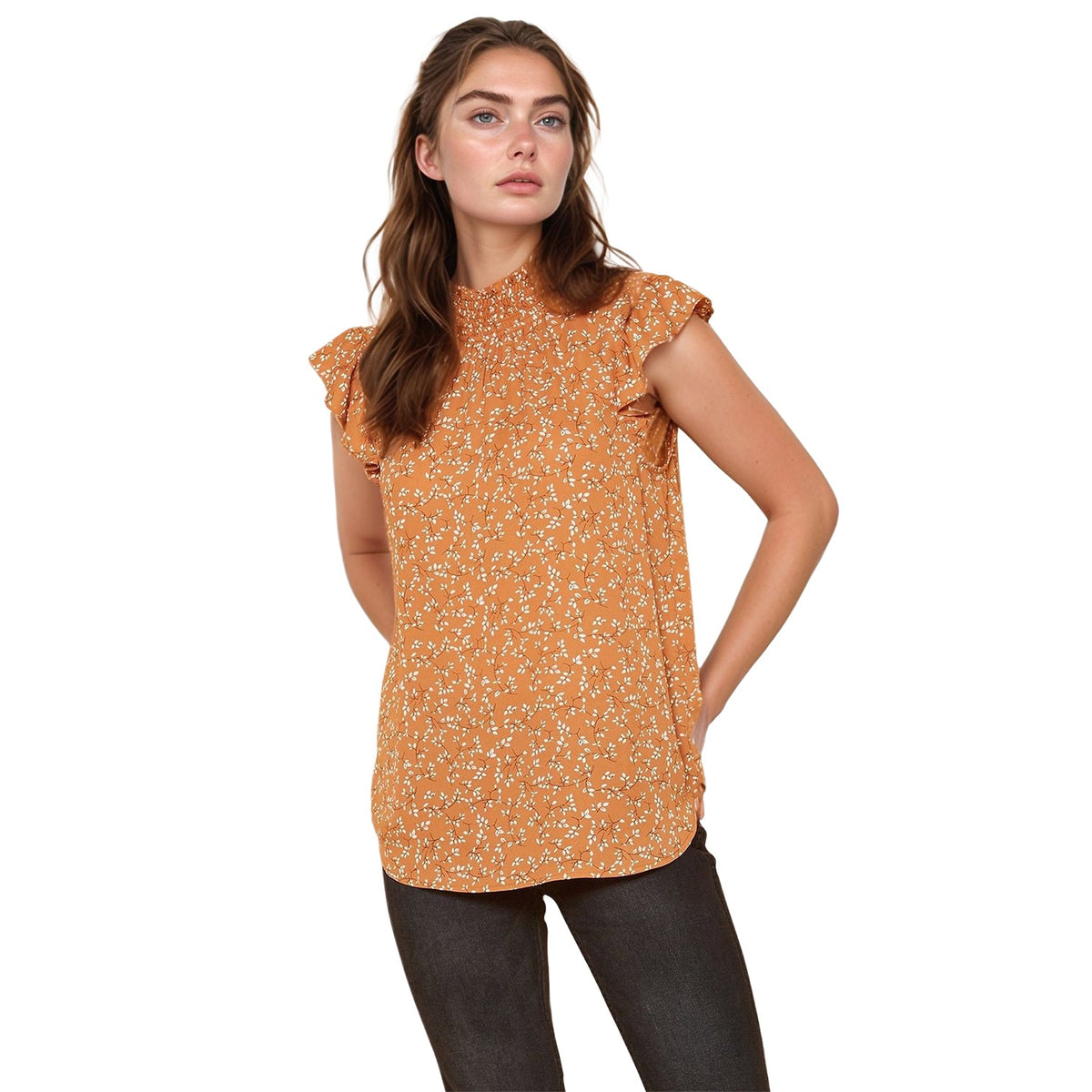 Pleione Women's Sleeveless Smocked Neck Top In Brown Ivory