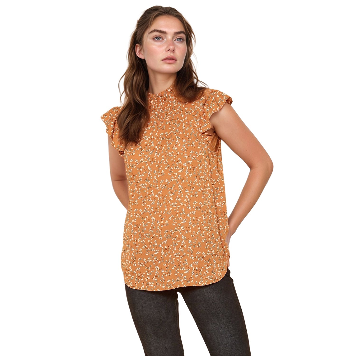 Pleione Women's Sleeveless Smocked Neck Top In Brown Ivory