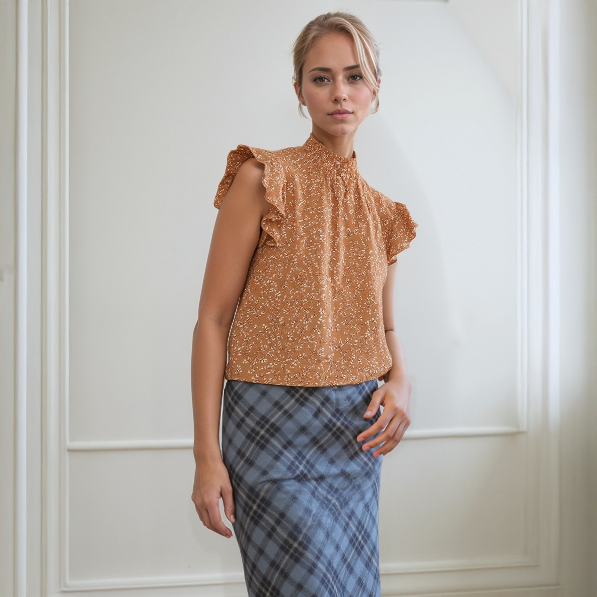 Pleione Women's Sleeveless Smocked Neck Top In Brown Ivory