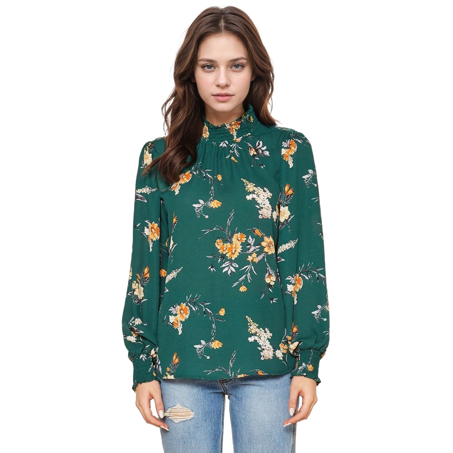 Pleione Women's Smocked Neck Top in Floral Green