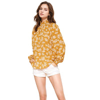 Pleione Women's Smocked Neck Top in Floral Mustard
