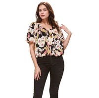 Pleione V-Neck Short Sleeve Bubble Hem Top in Multi