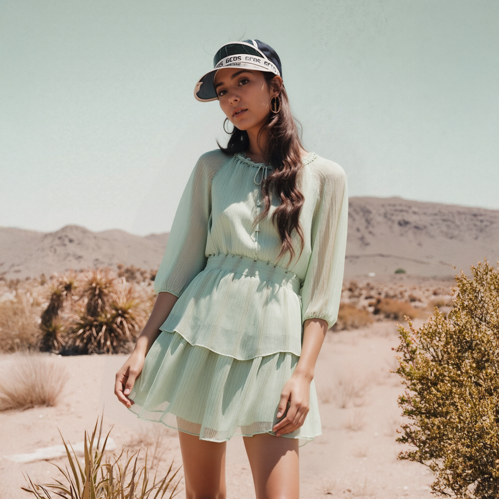 Woman in a light green dress and cap standing in a desert landscape