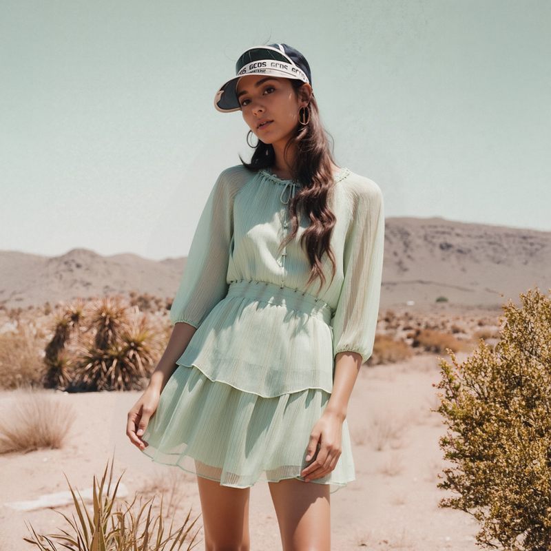 Woman in a light green dress and cap standing in a desert landscape