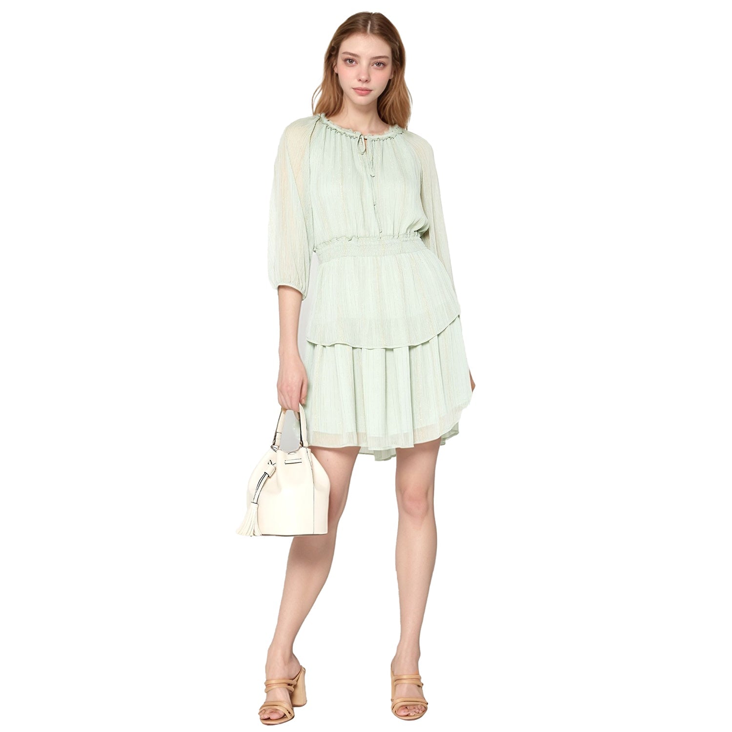 Pleione Long Sleeve Smocked Cinched Waist Dress