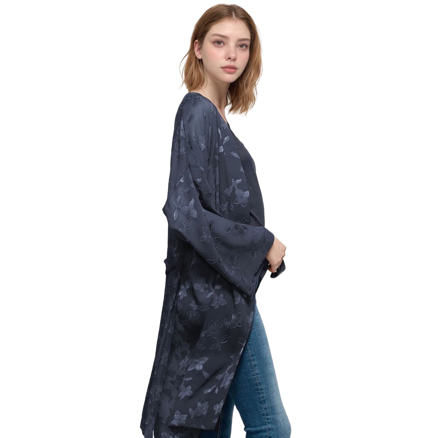 Pleione Women's Sheer Floral Embossed Robe Cardigan in Navy