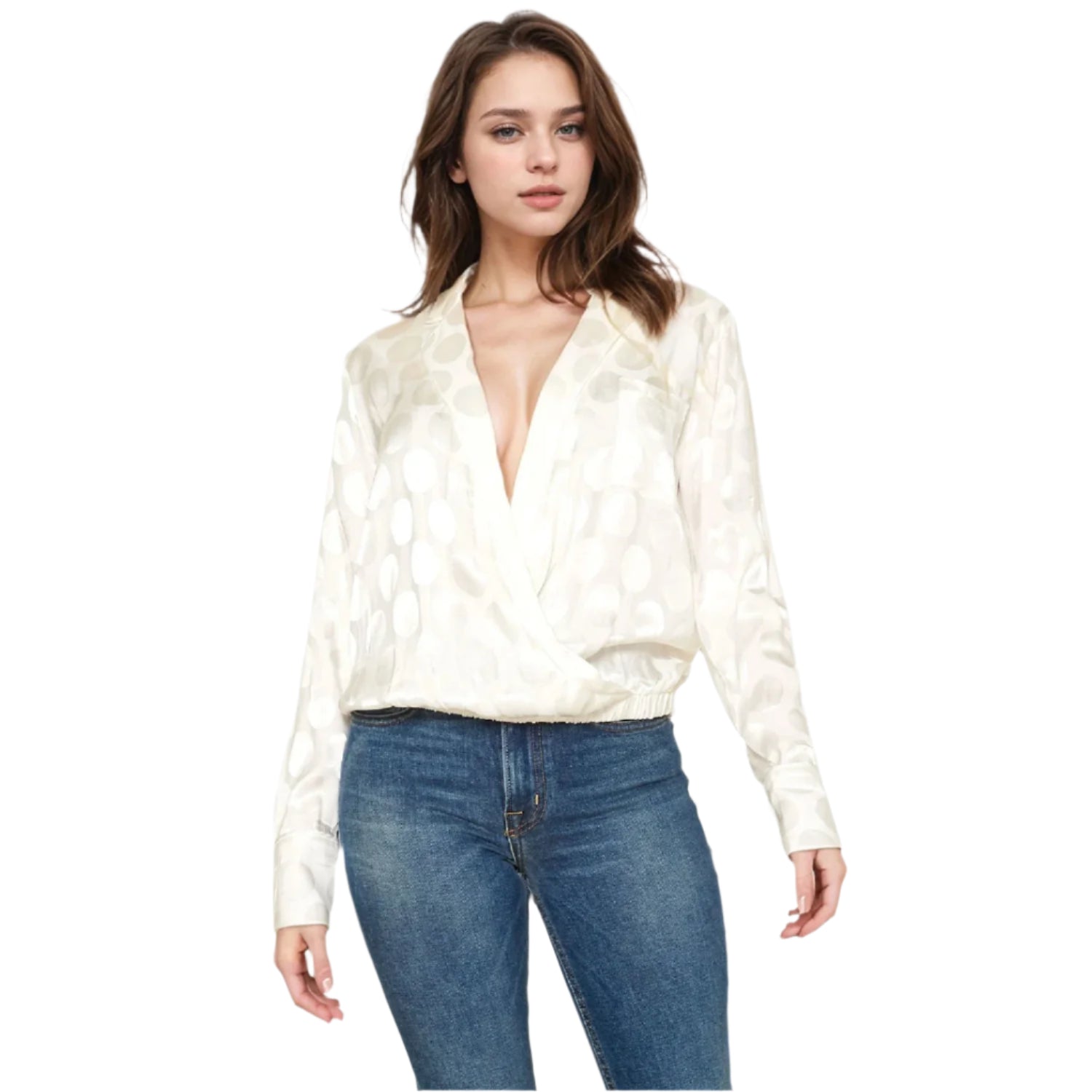 Pleione Women's Polka Dot V-neck Surplice Front Pajama Blouse in White Dots