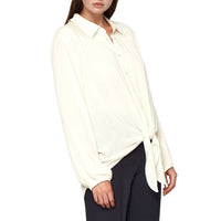 Pleione Women's Pleated Tie Hem Button Down Blouse
