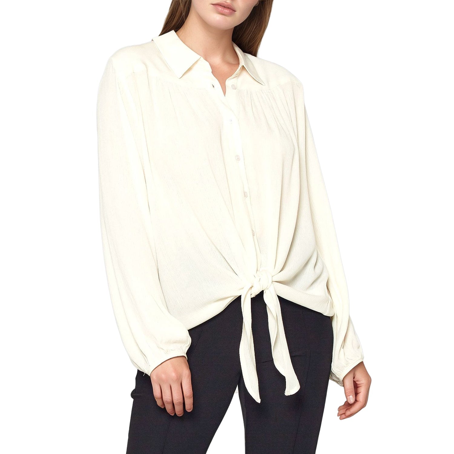 Pleione Women's Pleated Tie Hem Button Down Blouse