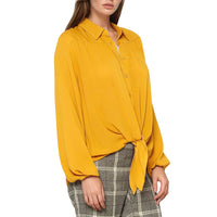 Pleione Women's Pleated Tie Hem Button Down Blouse