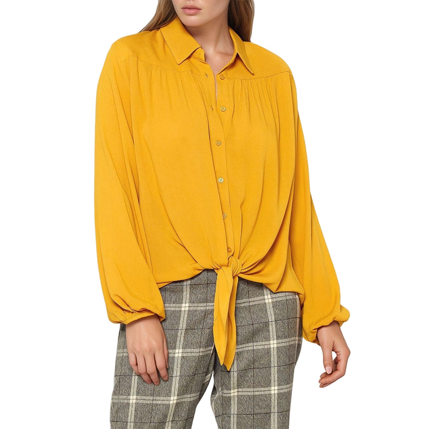 Pleione Women's Pleated Tie Hem Button Down Blouse