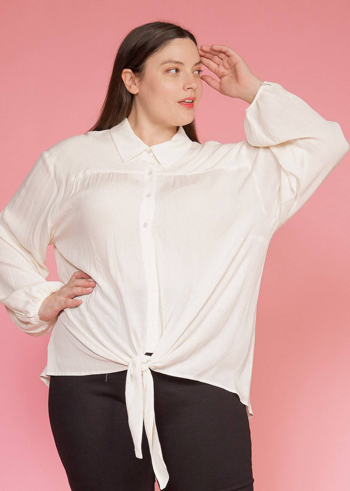 N/A Pleione Plus Size Pleated Tie Hem Button Down Blouse in Ivory