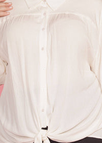 N/A Pleione Plus Size Pleated Tie Hem Button Down Blouse in Ivory
