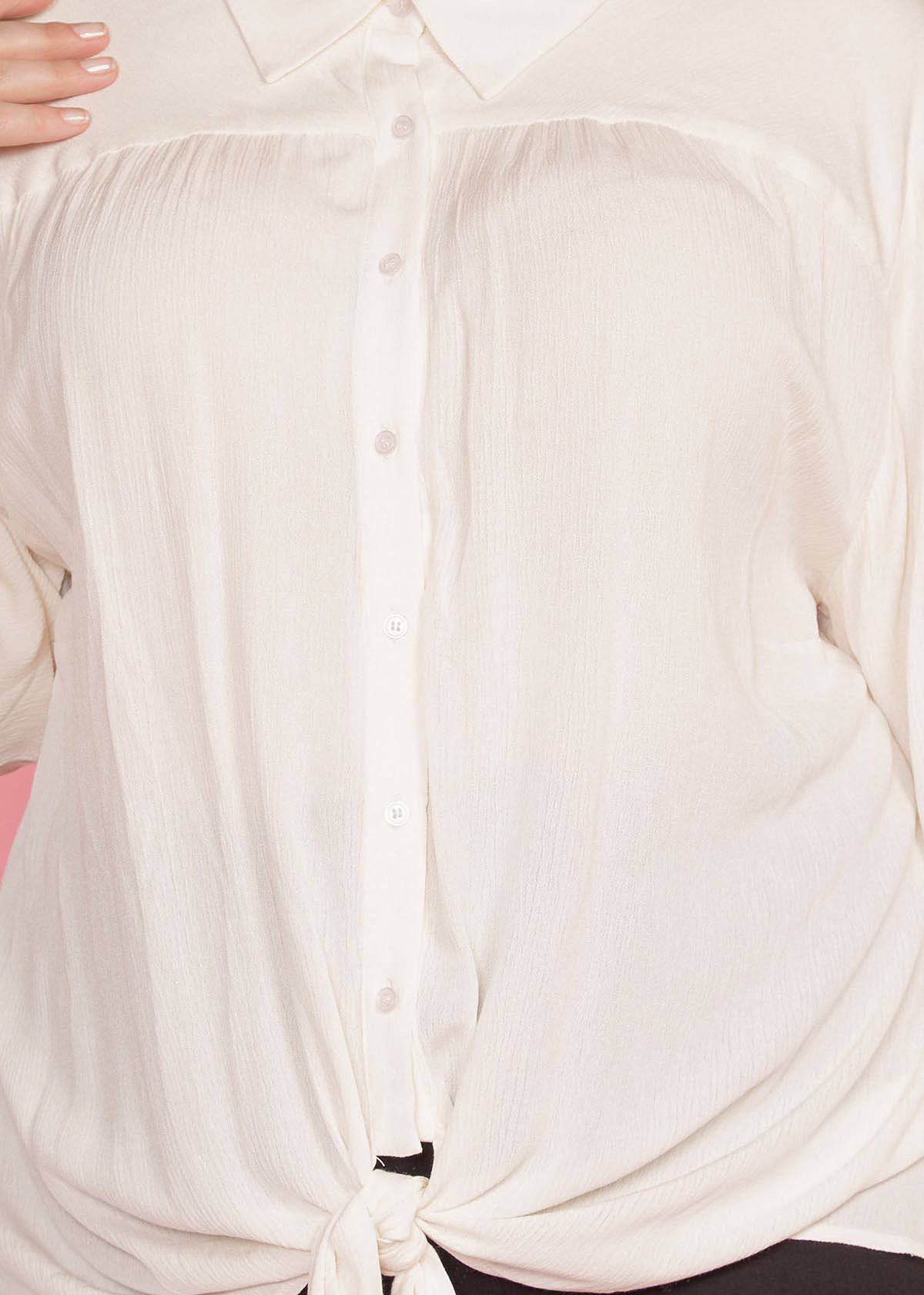 N/A Pleione Plus Size Pleated Tie Hem Button Down Blouse in Ivory