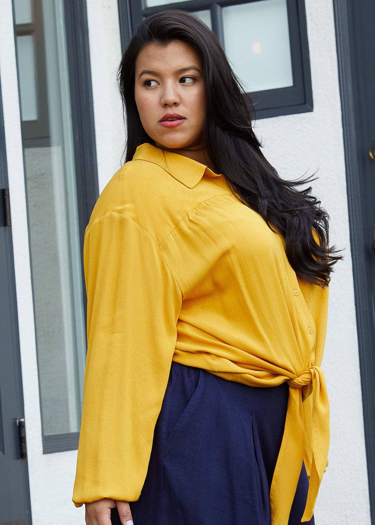 N/A Pleione Plus Size Pleated Tie Hem Button Down Blouse in Mustard