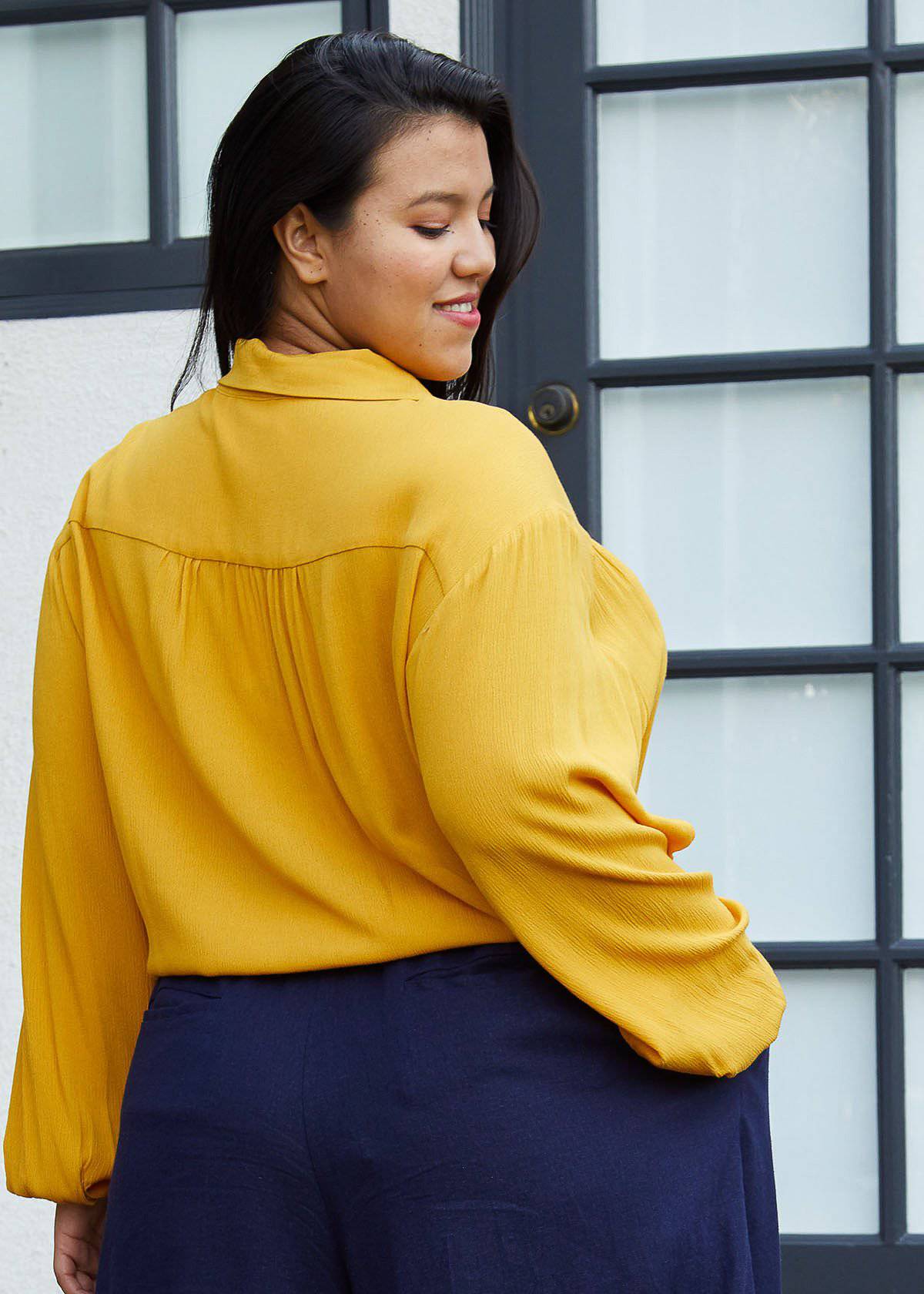 N/A Pleione Plus Size Pleated Tie Hem Button Down Blouse in Mustard