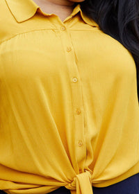 N/A Pleione Plus Size Pleated Tie Hem Button Down Blouse in Mustard