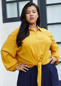 N/A Pleione Plus Size Pleated Tie Hem Button Down Blouse in Mustard