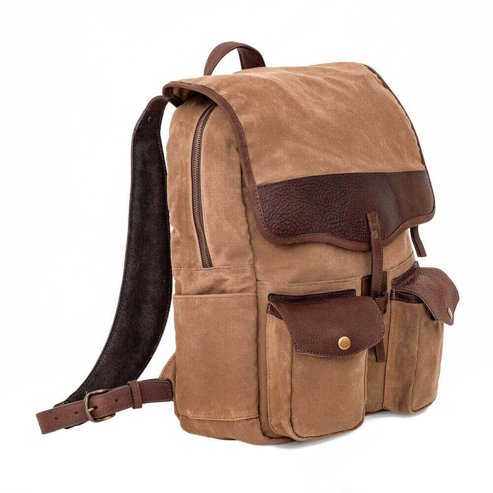 Side view of Campaign Waxed Canvas Backpack by Mission Mercantile Leather Goods