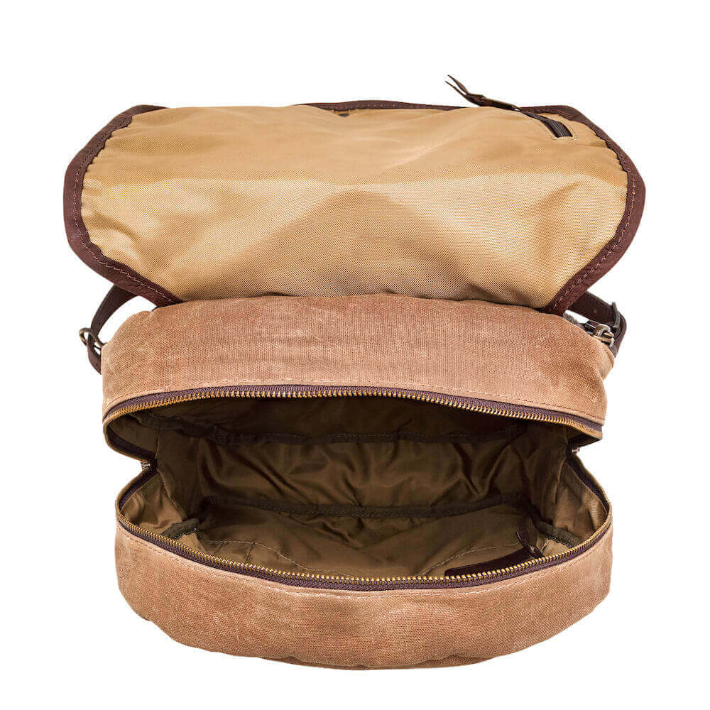 inside view of Campaign Waxed Canvas Backpack by Mission Mercantile Leather Goods