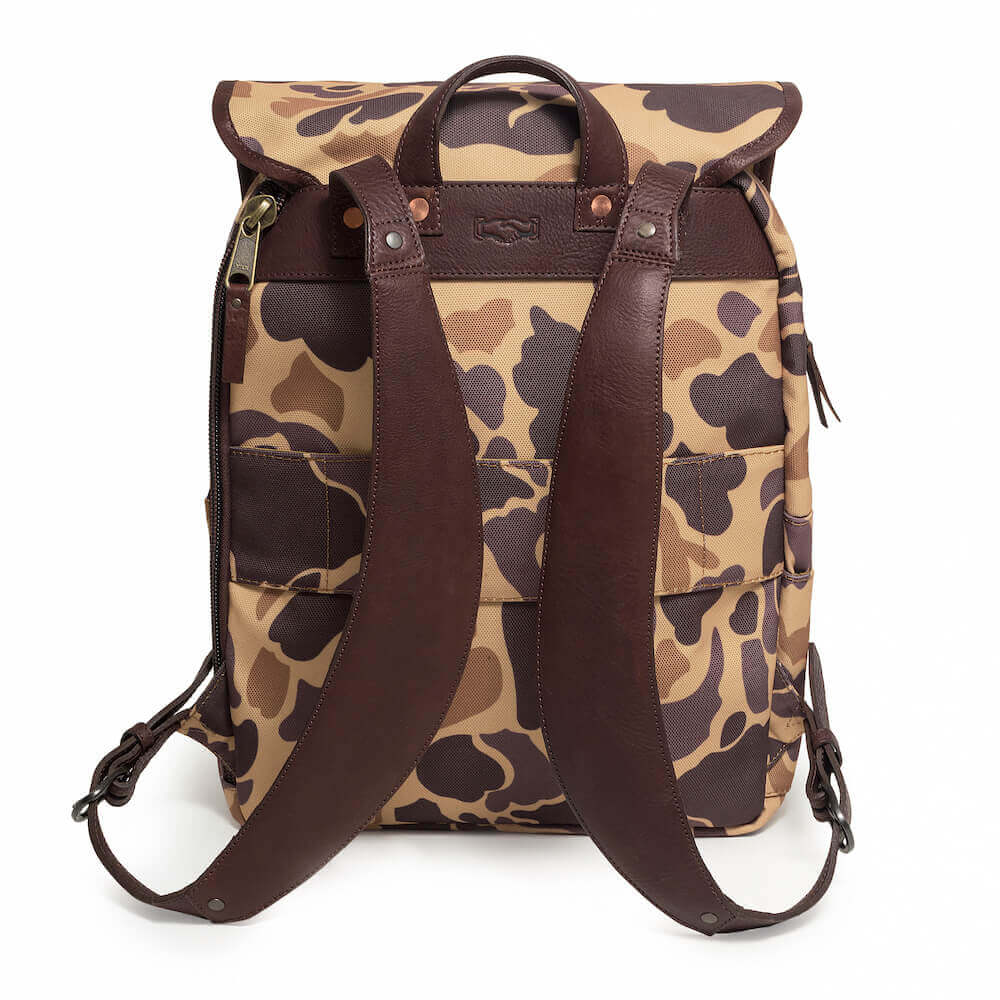 Back View of camo Campaign Waxed Canvas Backpack by Mission Mercantile Leather Goods