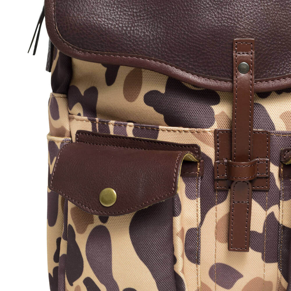 close up of pocket on camo Campaign Waxed Canvas Backpack by Mission Mercantile Leather Goods