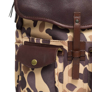 close up of pocket on camo Campaign Waxed Canvas Backpack by Mission Mercantile Leather Goods