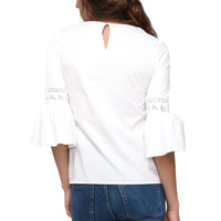 Pleione Women's Bell Sleeve Lace Trim Cutout Top In White