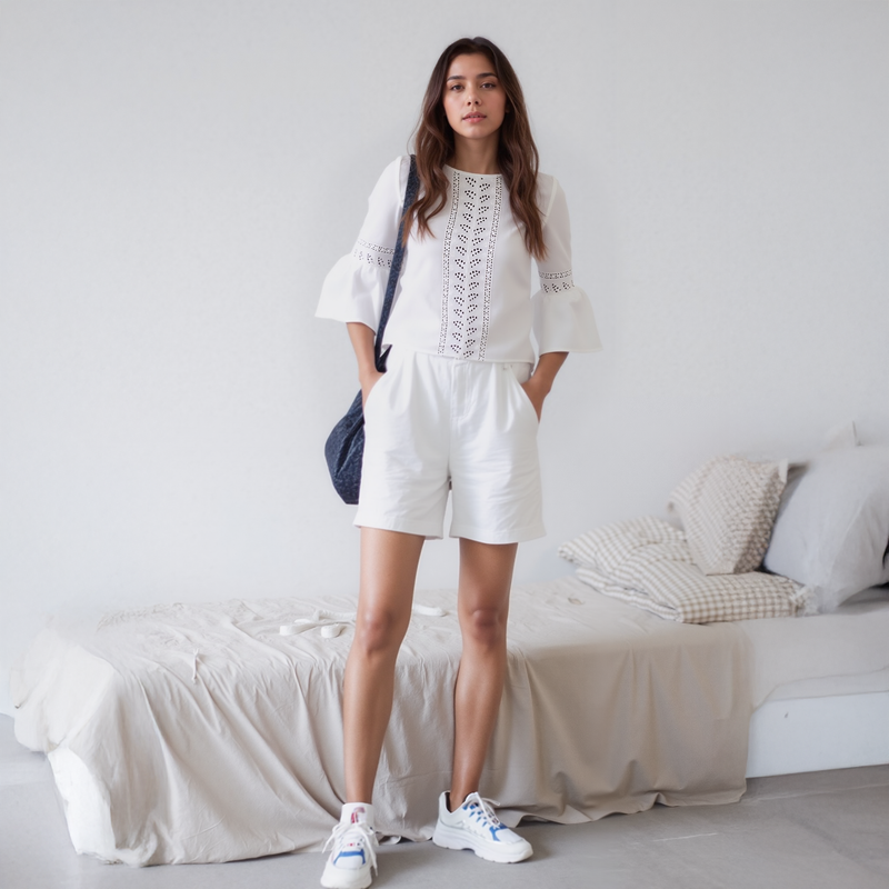 Pleione Women's Bell Sleeve Lace Trim Cutout Top In White