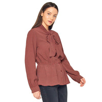 Pleione Tie Neck Button Down Peplum Blouse in Wallpaper