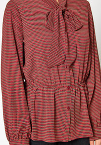 Pleione Tie Neck Button Down Peplum Blouse in Wallpaper