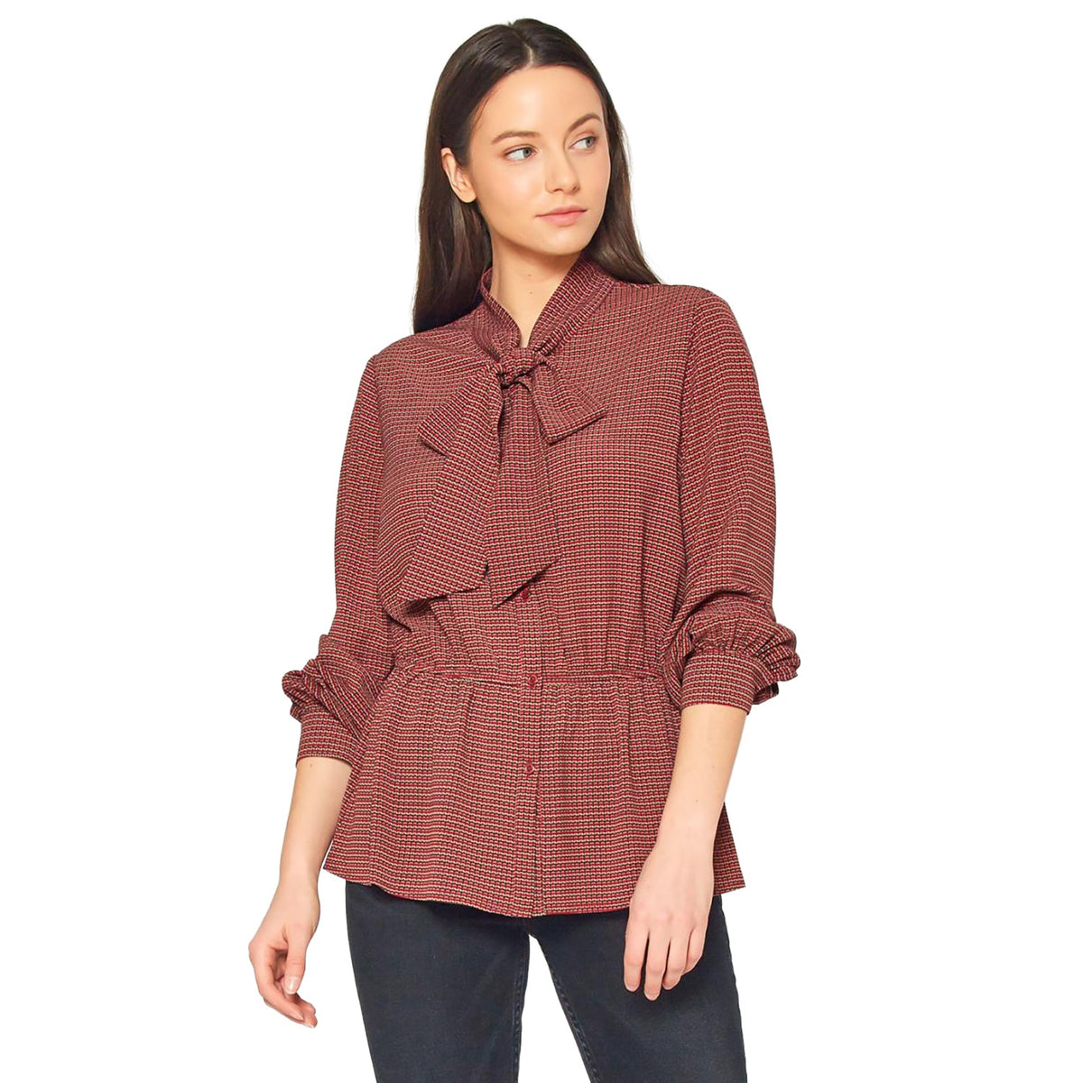 Pleione Tie Neck Button Down Peplum Blouse in Wallpaper