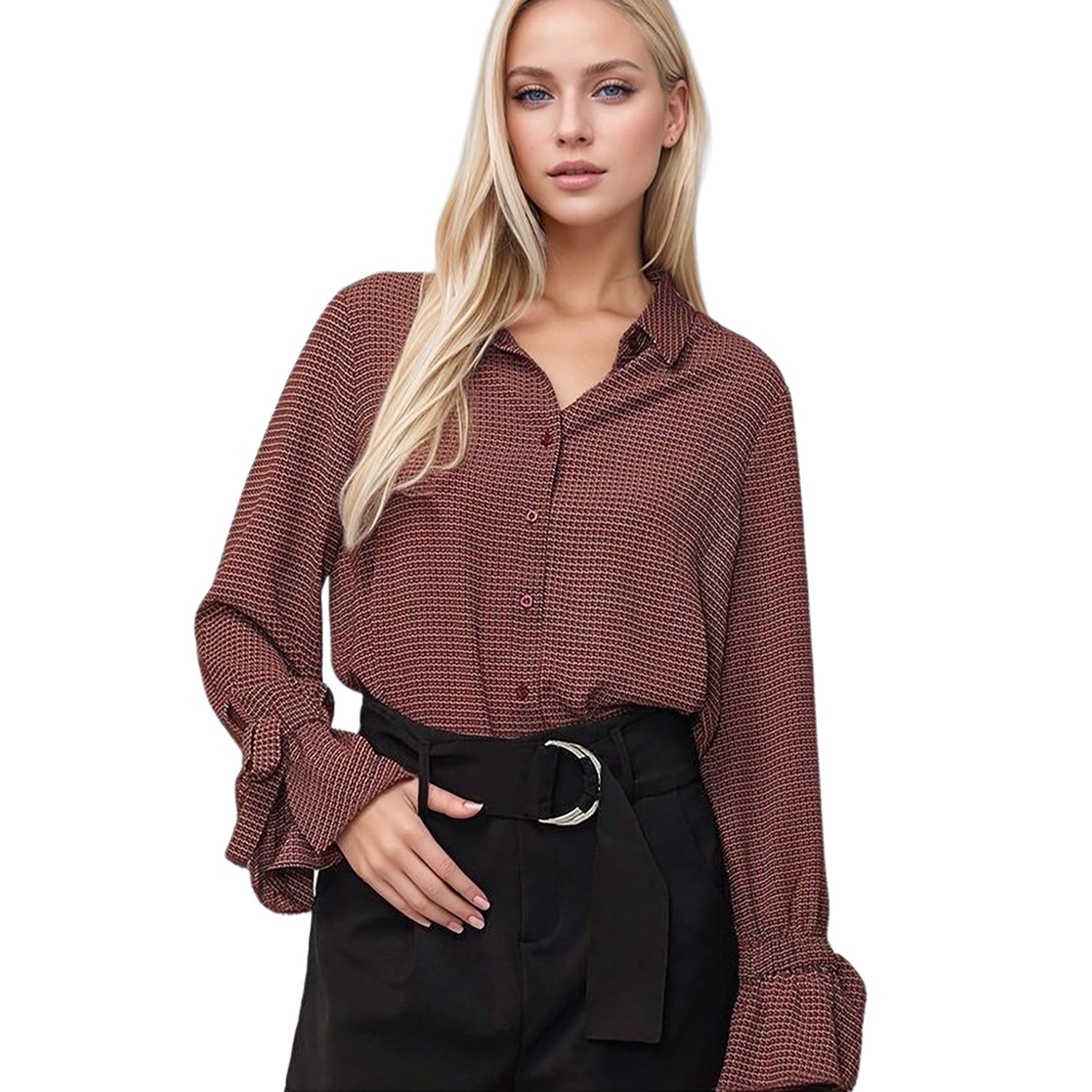 Pleione Women's Bell Cuff Button Down Shirt Blouse in Wallpaper